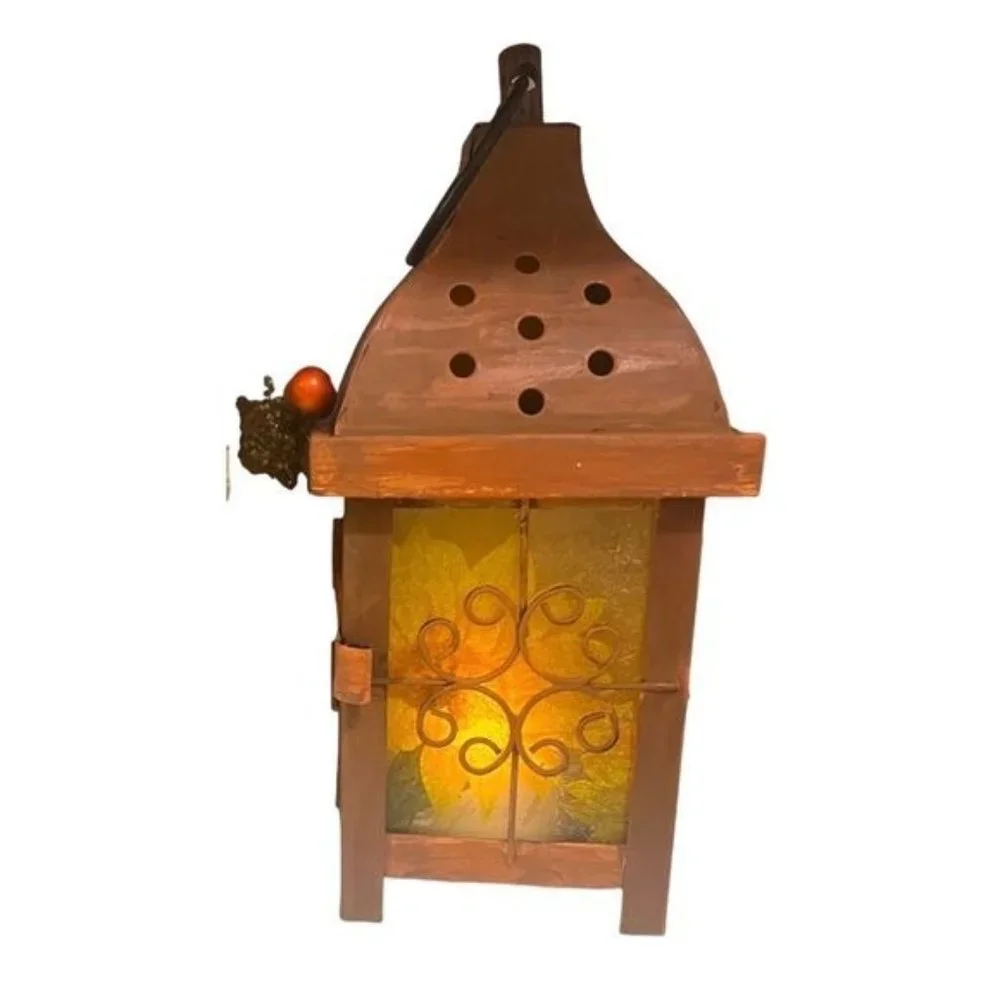 Decoupaged and Hand-Painted Candle Metal Lantern Candle Holder For Fall Decor